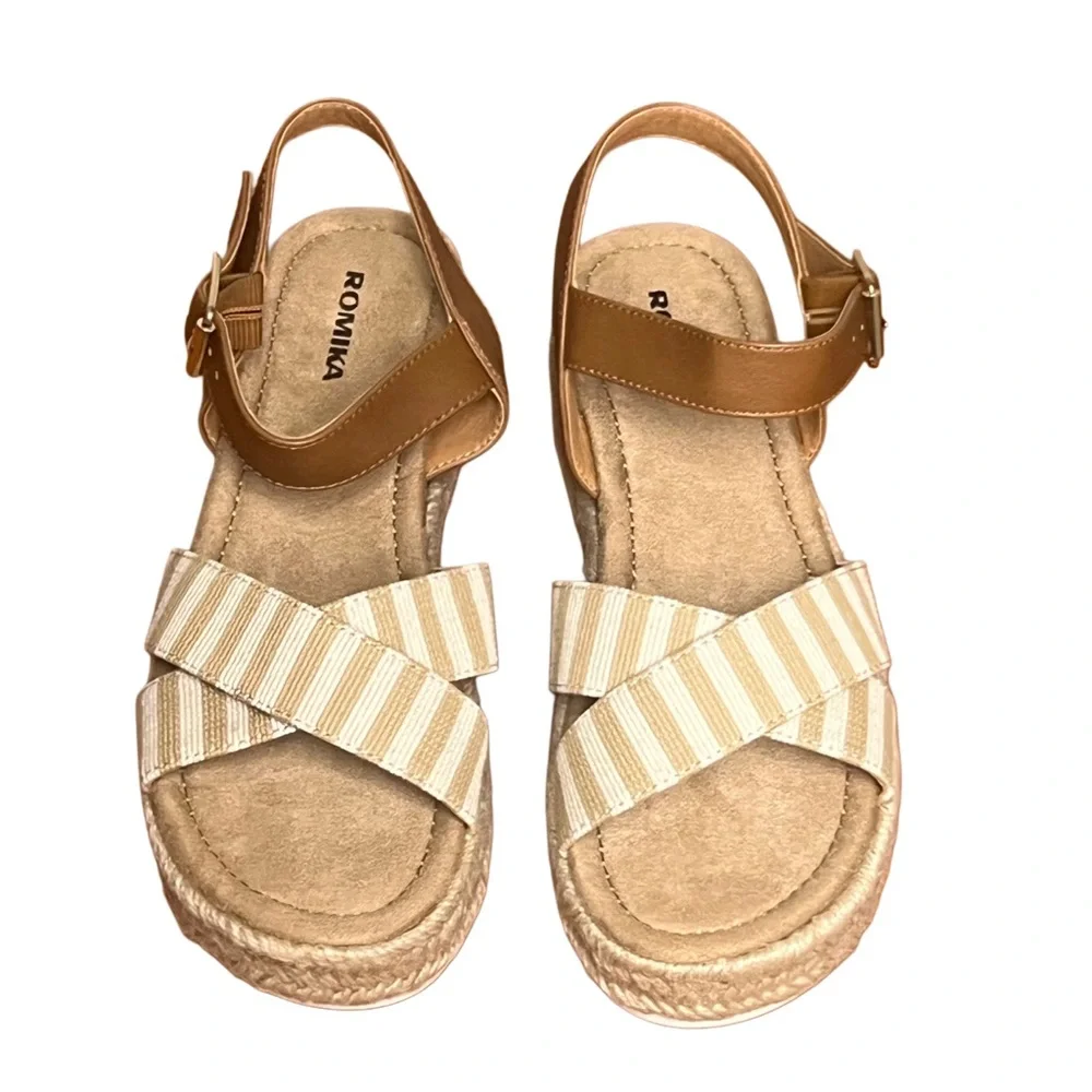 NWT Romika Madison Espadrille Platform Sandals Tan Stripe EU 37 US 6.5